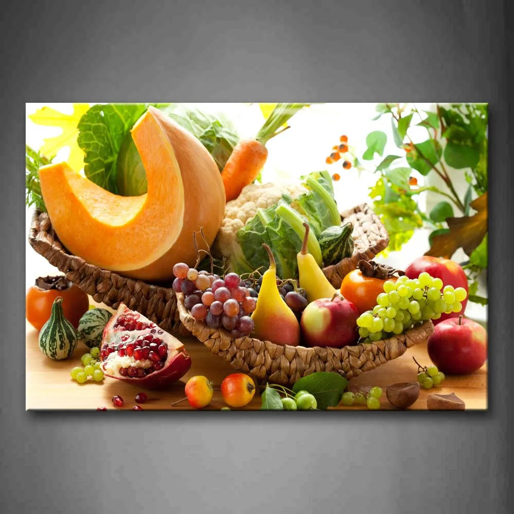 

Framed Wall Art Picture Vegetables Fruit Canvas Print Food Modern Poster With Wooden Frames For Living Room Office Decor
