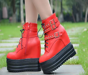 

Nice Autumn New 12 Cm High Heel Wedges Women Singles Shoes Rivets Buckle Thick Bottom Inside Increased Muffin Bottom Shoes
