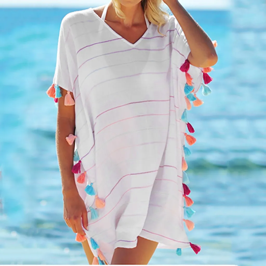 Женское перспективное пляжное платье с полосками, сексуальный купальник с кисточками из кусков, бикини, накидка, кафтан, Пляжная парео-туника, пляжная одежда