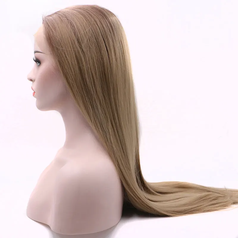 

Bombshell Ombre 2 Tones Light Brown to Ash Blonde Synthetic Lace Front Wig Long Straight Blonde Full Head Wigs Half Hand Tied