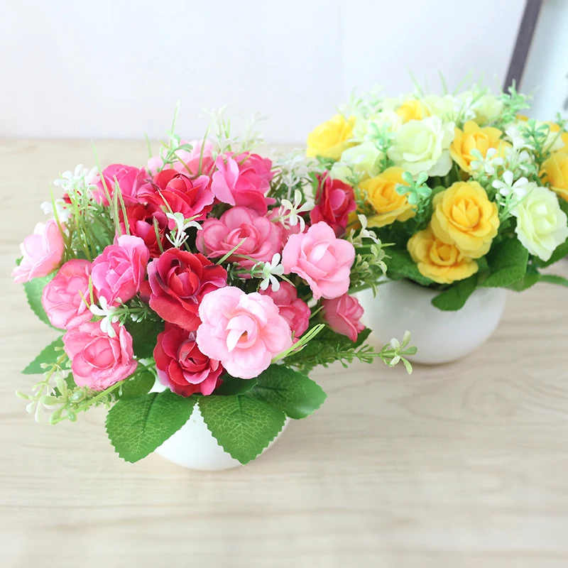 JAROWN Artificial Flowers Rose Quality Ceramics Vase +Silk Flowers Artificial Flower Set Home Decoration Home Flowers Decoration (