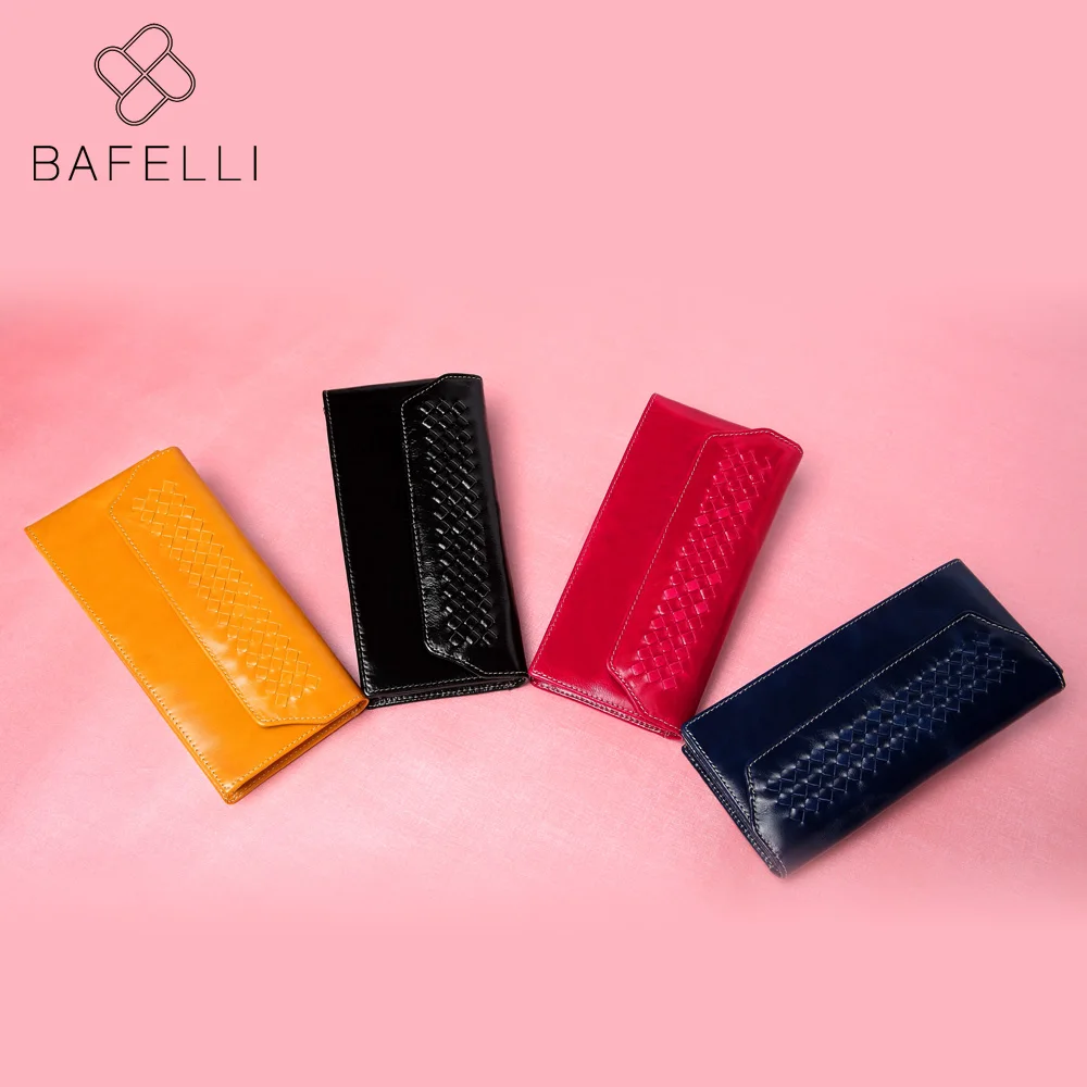 

BAFELLI Oil Wax Genuine Leather long wallets photo holder black purse hasp knitting women coin clip purse 4 colors women wallet