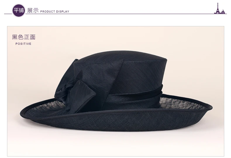 New British Elegance Flax Hat Lady Wide Brim Ebony Curling Linen Black Hat Female Bowtie Church Hat Make Up Party Wear  B-8173