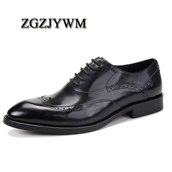 

ZGZJYWM Fashion High Quality Size37-44 Business Formal Lace-Up Pointed Toe Genuine Leather Carved Flat Dress Wedding Man Shoes