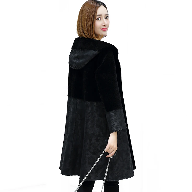 

Real Fur Coat Winter Coat Women Fur Collor Hooded Wool Jacket Sheep Shearing Fur 2018 Long Korean Tops Double-Sides Wear ZT241