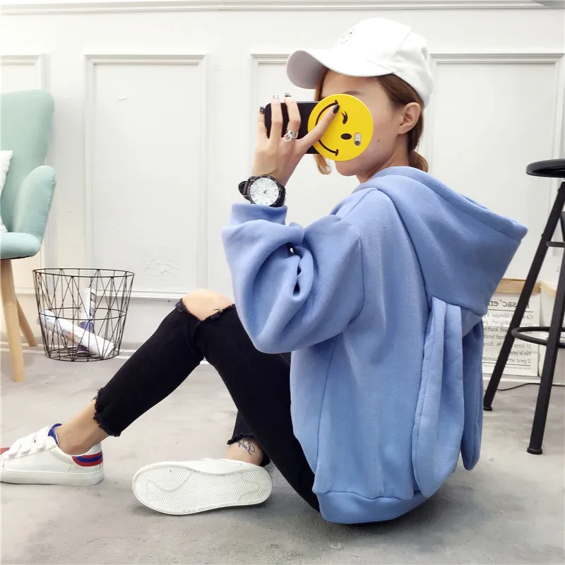 Толстовки Женские Уши кролик вышивка конфеты цвет Ulzzang свободные милые студенческие женщины s уплотненный с капюшоном кавайные толстовки шик - Цвет: 903 blue