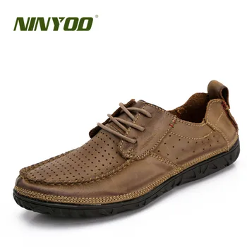 

NINYOO Autumn Men's Shoes Flats Lace up Cow Leather Handmade Casual Outdoor Breathable Summer Shoes Brand Leisure Father's Shoes