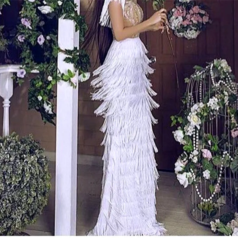 Vestidos de Baile Rosa Quente Ilusão Branco Sereia 2020 Cristal Beading Formal Longo Noite Vestidos Festa Borla Pena Robe Soiree