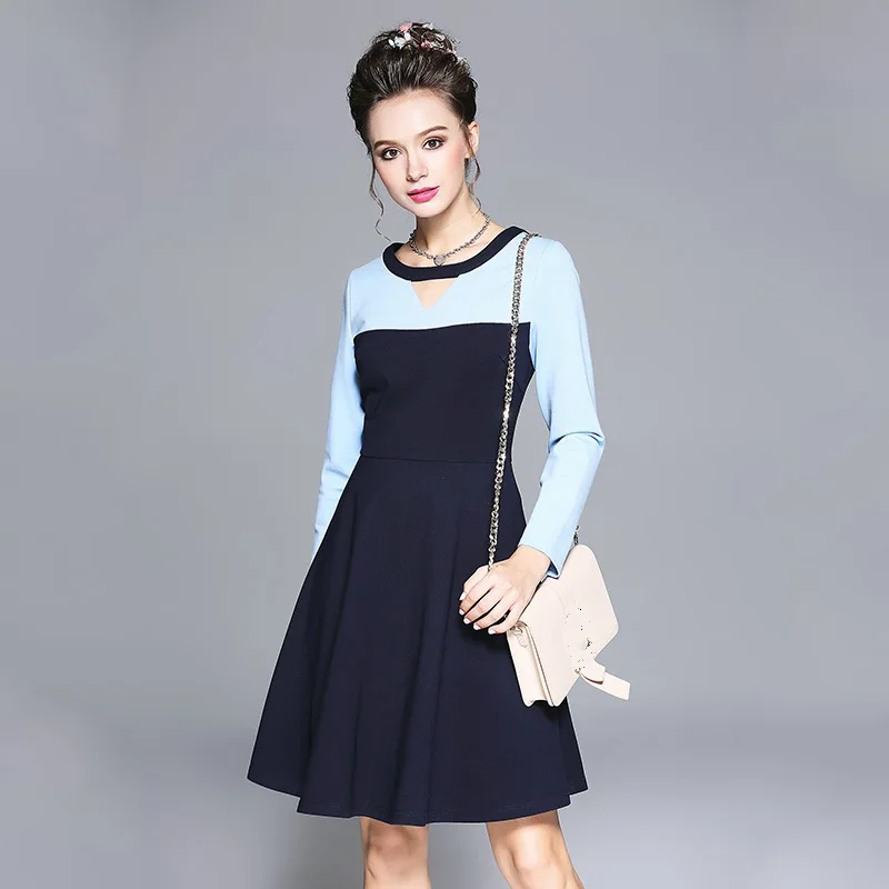 New 2017 Autumn Fashion ladies elegant dress contrast color cultivating one piece dress Plus