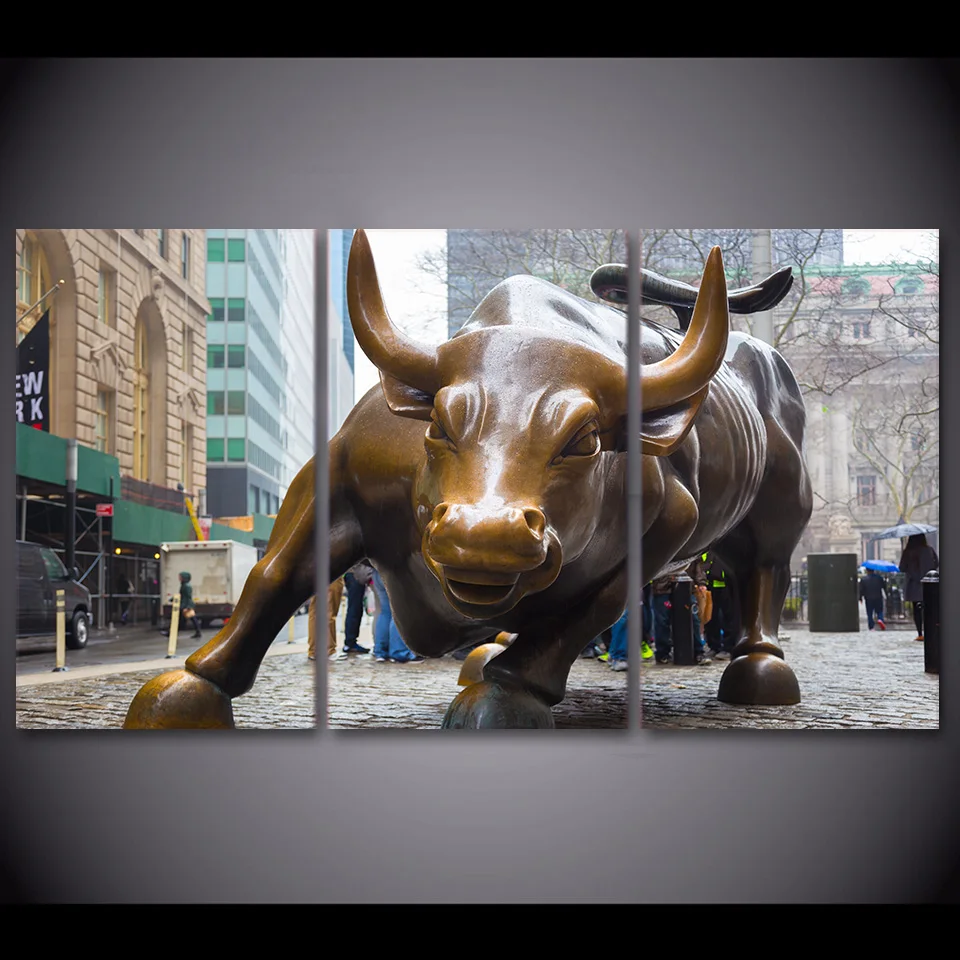 3 pieces canvas painting street bull market new york poster HD print