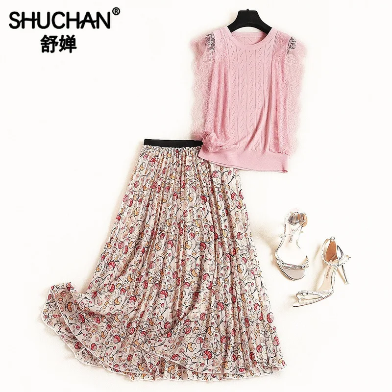 

Shuchan Women Sets Clothes Pink Patchwork Tank+pleated Skirts Prairie Chic 2 Piece Set Long Skirt Women Suit Summer 2019 11368