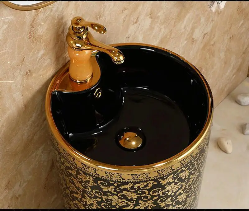 Мозаика Золотая черная круглая подставка Керамическая Раковина Ванная раковина с подставка Подиум умывальник
