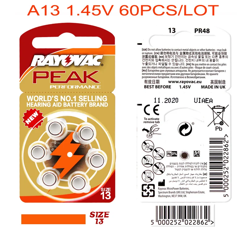 60 PCS NEW Zinc Air 1.45V Rayovac Peak Hearing Aid Batteries A13 13A 13