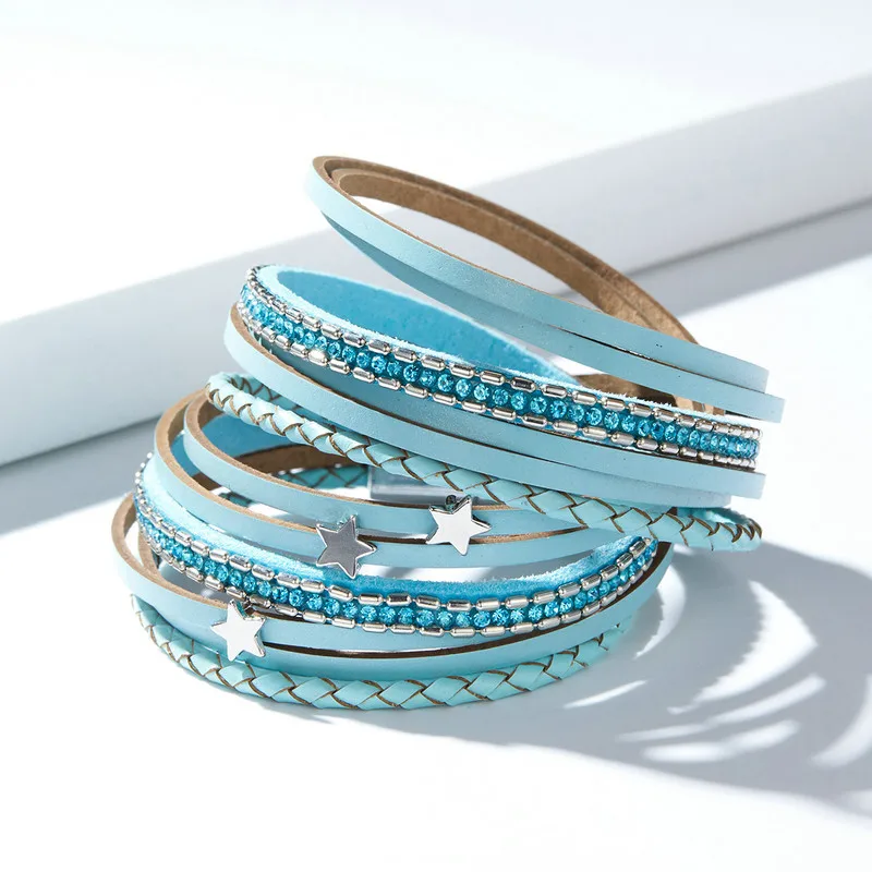 Дропшиппинг взвешивающаяся звезда Древо жизни богемский стиль синий Learther многослойный браслет для женщин Мода Бохо ювелирные изделия GP0346