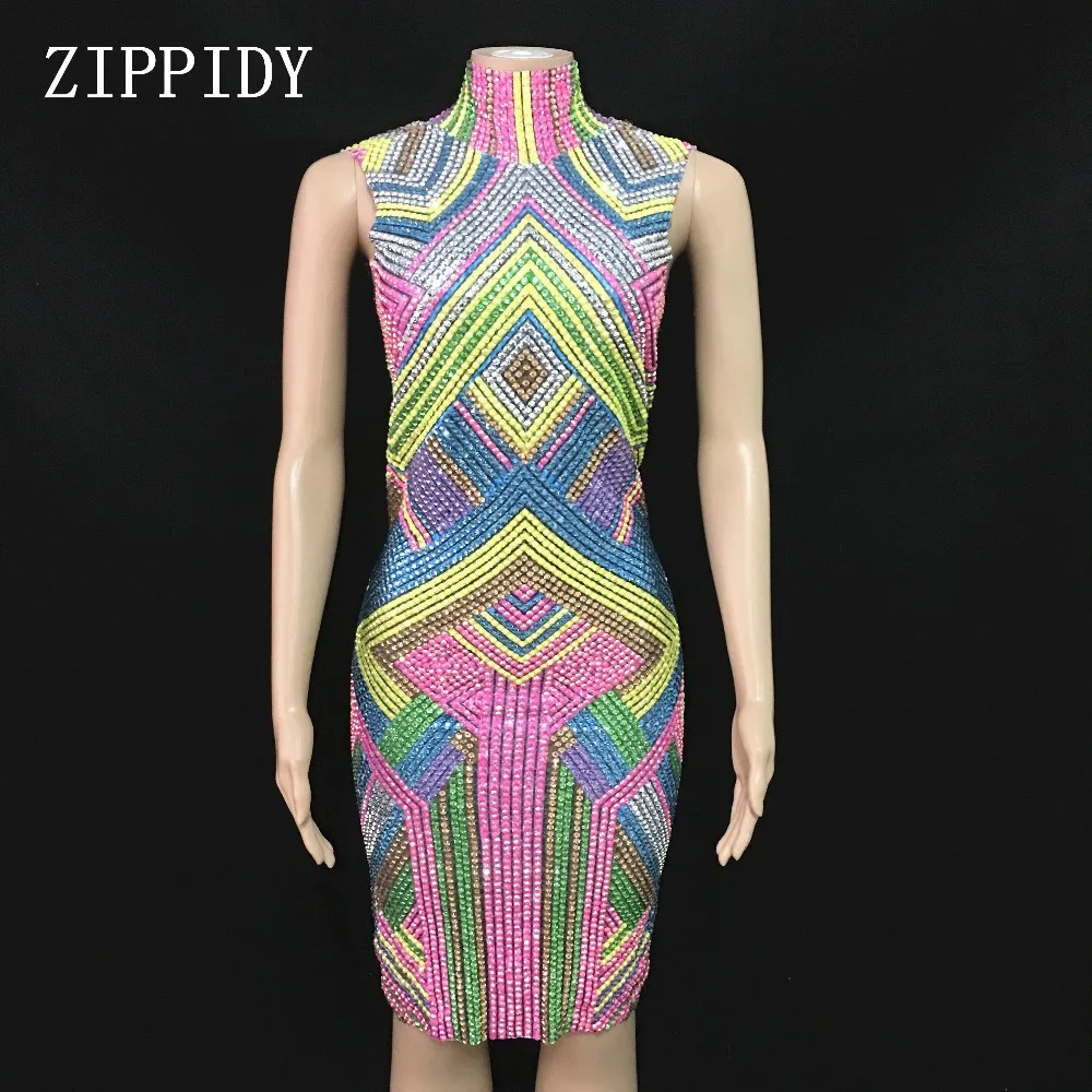 

2019 New design Summer Multi-color Rhinestones Dress Sleeveless High Neck Stretch Dresses Stage Celebrate Nightclub outfit
