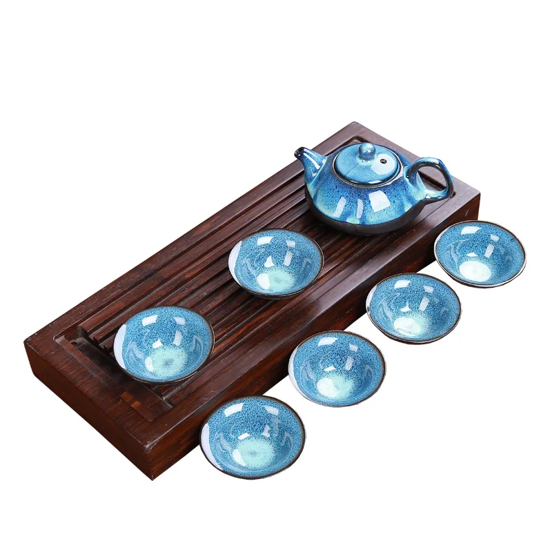 Jun Porcelain Kung Fu tea set Tenmoku fish fun tea cup ore Zisha Teapot Set 1 teapot + 6 cups