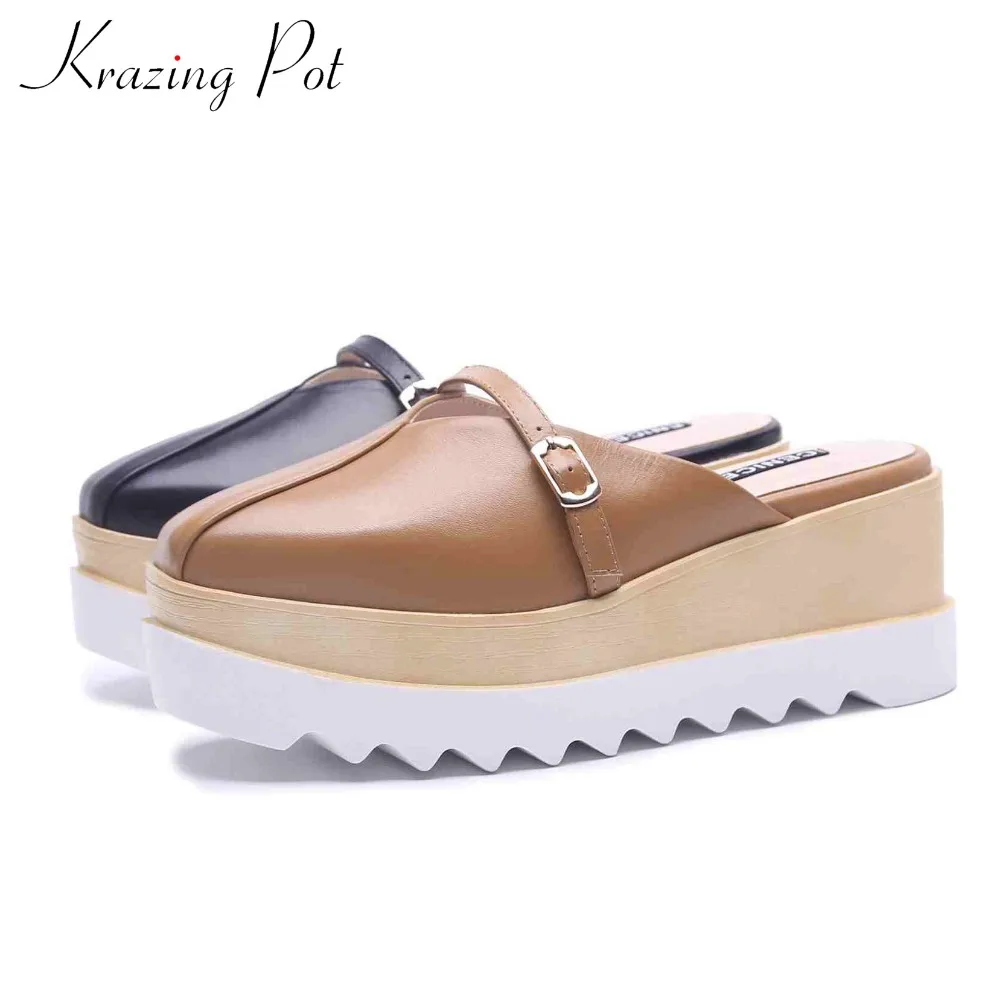 

Krazing pot 2018 cow leather slip on mules sandals square toe thick bottom high heel summer metal fasteners increased shoes L52
