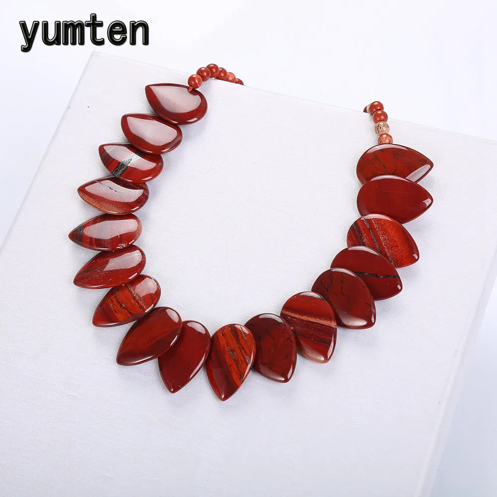 

Yumten Red Jasper Leaf Big Necklace Women Flower Pendant Reiki Stone Jewelry Chain Parure Bijoux Femme Collares Ketting Colares