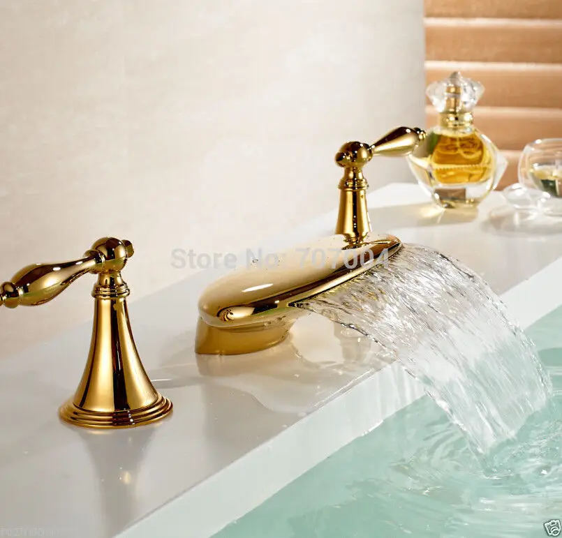 Free Shipping Wholesale And Retail Widespread Luxury Waterfall Basin Sink Faucet Dual Handle Bathroom Mixer Tap