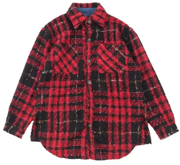 Обрезанная кромка в клетку твидовая рубашка с боковыми разрезами стильные рубашки с отложным воротником со стойкой - Цвет: red