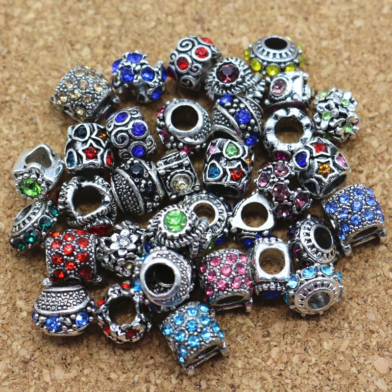 

New 50pcs Mix Style Antique Silver Plated Alloy With Rhinestone Big Hole Charms Beads fit Charm Bracelet DIY