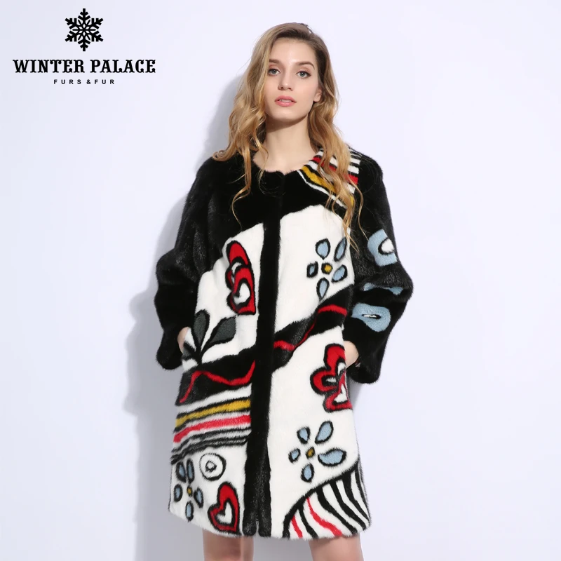 Playful pattern mink coat Round neck mink coats women real fur mink fur coat Imported velvet level