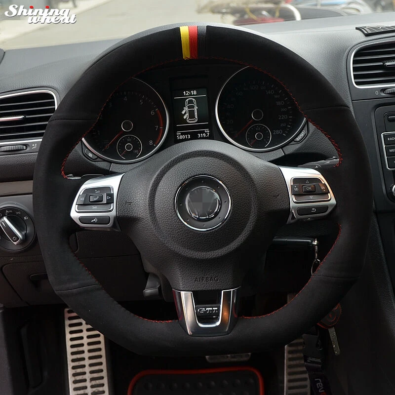 Black Suede Yellow Red Black Marker Steering Wheel Cover