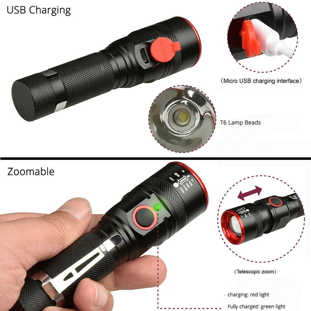 Discount Bike Light Ultra-Bright 8000 Lumens Zoom T6 Bicycle Front LED Flashlight Lamp USB Rechargeable Cycling Light By 18650 Battery 10