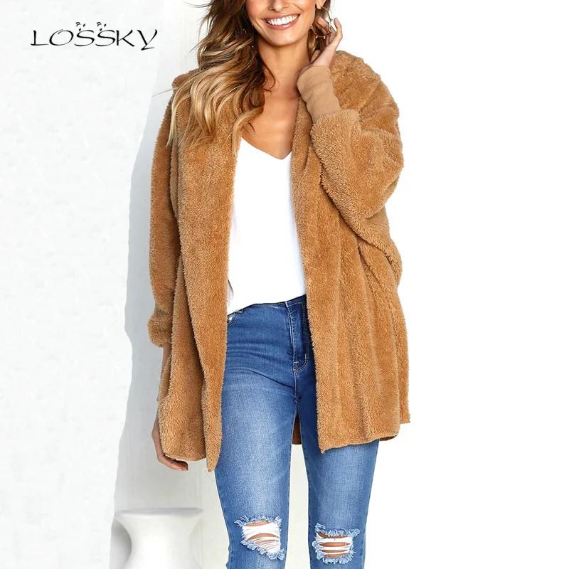 LOSSKY Autumn Witner Women Faux Lambswool Jacket Coat Black Warm Female Loose Open Stitch Overcoat Long Sleeve New Fuzzy Outwear