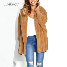 LOSSKY Autumn Witner Women Faux Lambswool Jacket Coat Black Warm Female Loose Open Stitch Overcoat Long Sleeve New Fuzzy Outwear