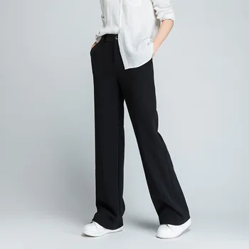 

new 2020 floor height trousers leisure straight female solid tall elastic waist black wide-legged pants MQ002