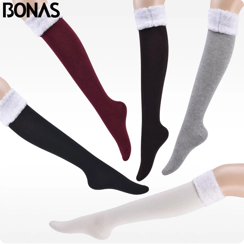 

BONAS 3pcs Knee Stockings Warm Stockings Women Pure Color Knee Socks Women Cotton Girls Stockings Fluffy Winter Socks 53cm