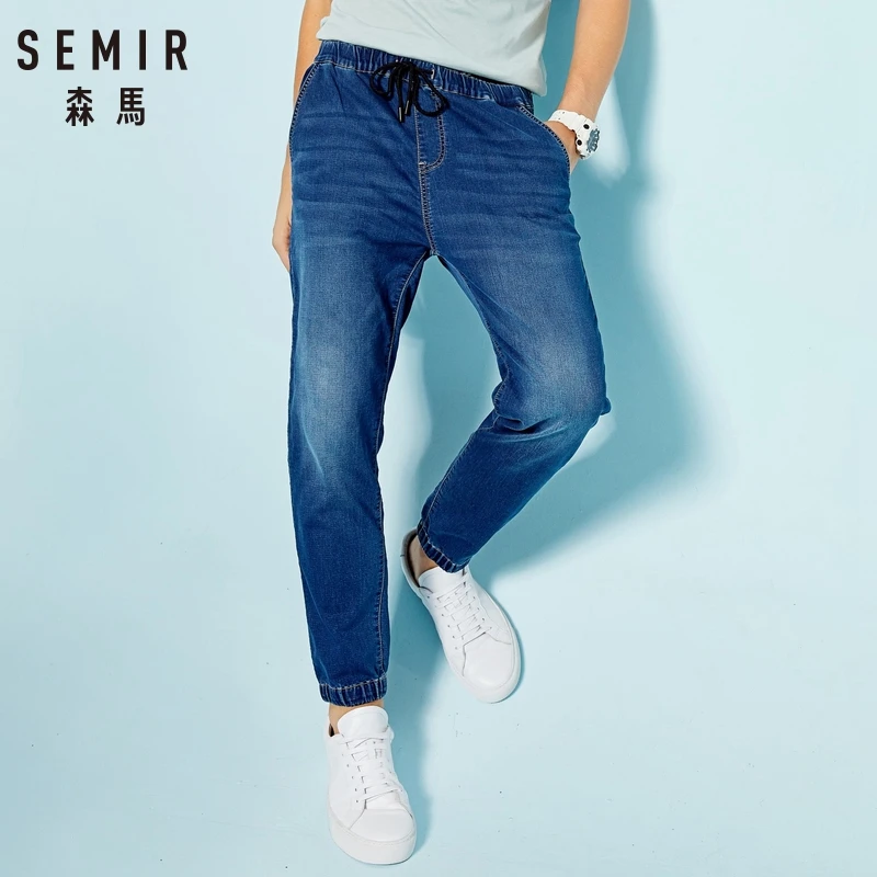 Goedkoop SEMIR Mannen Denim Pull op Joggers Tapered Been Katoen Blend met Elastische Trekkoord Taille Mannen Denim Joggingbroek Broek Zomer