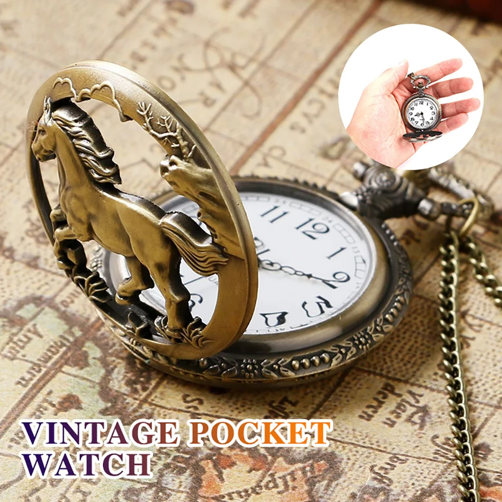 Кармашек для часов карманные часы ретро ожерелье, подвеска, цепочка Ожерелье Бронза Полые 3D украшение лошадь часы подарок