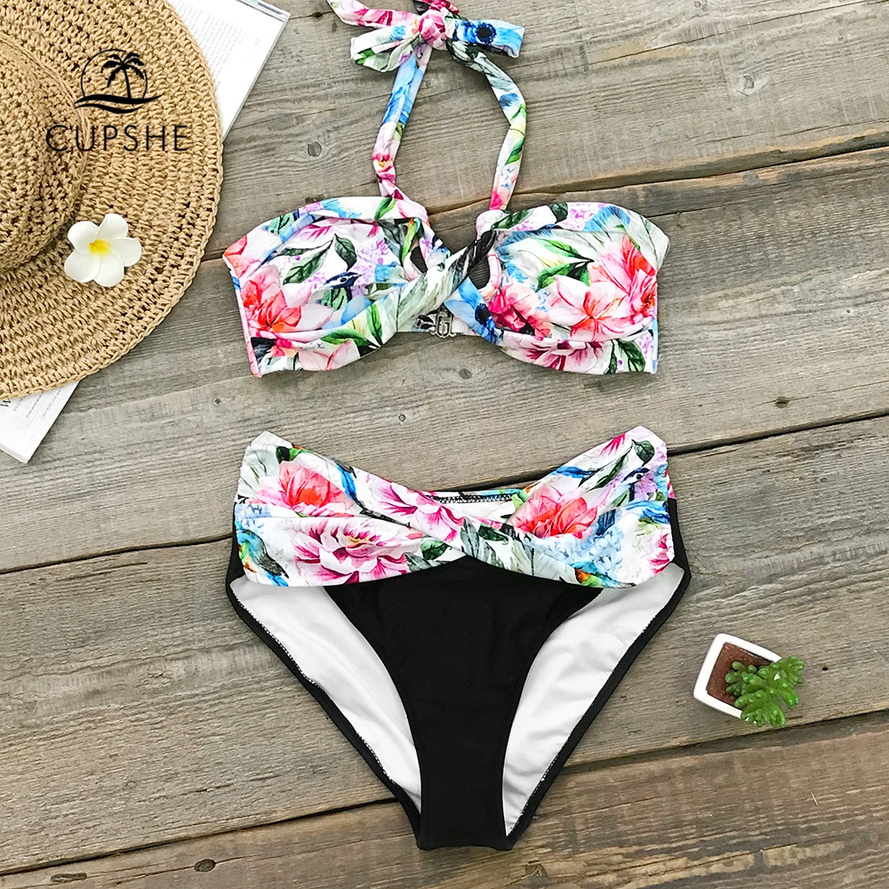 CUPSHE Floral Print Twist Halter Bikini Sets Women Back Hook Sexy Two ...