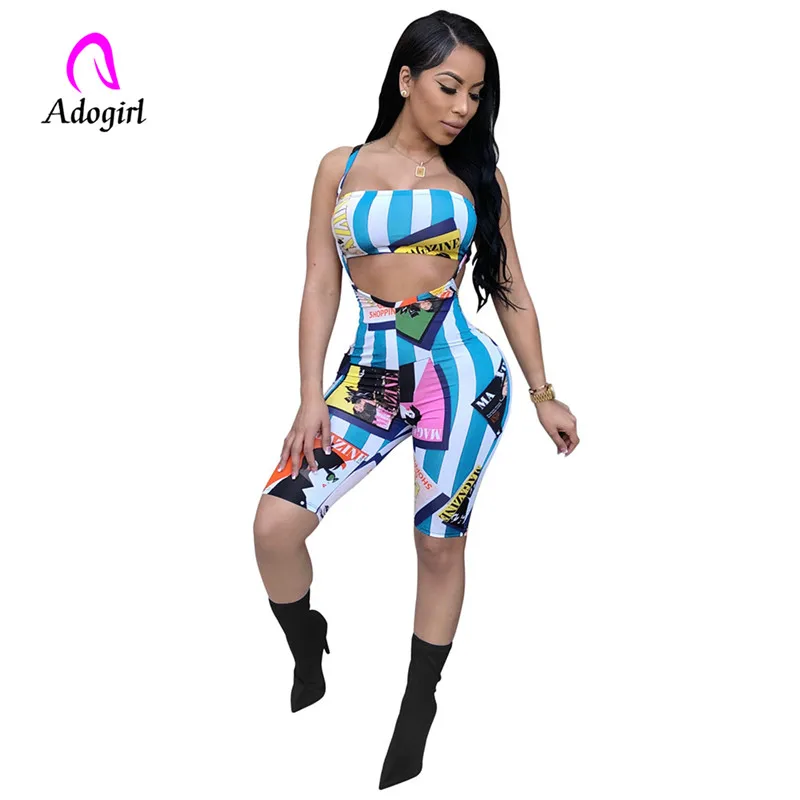 

Adogirl Striped suspender print over hip slim club pants spaghetti strap two piece digital patterned bodysuits sheath short suit