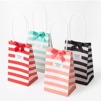 

5 Set small gift bag with handles bow Ribbon stripe paper handbag Cookies candy Festival Wedding party gift packaging bags