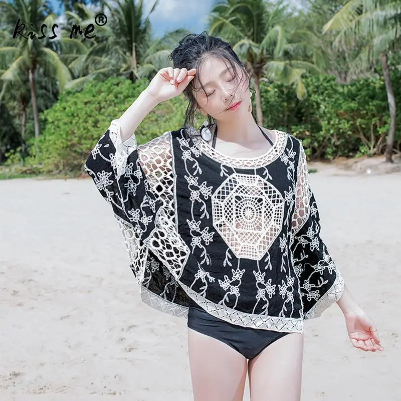 

Bat Type Lace Female Top Sexy Black Beach Cover Up Women's Tunic Hollow Beachwear Cover-Ups Summer Tops Clothes for Women