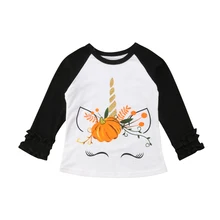 Милая хлопковая футболка с длинными рукавами и рисунком единорога и тыквы для маленьких девочек, пляжный костюм, топы, одежда