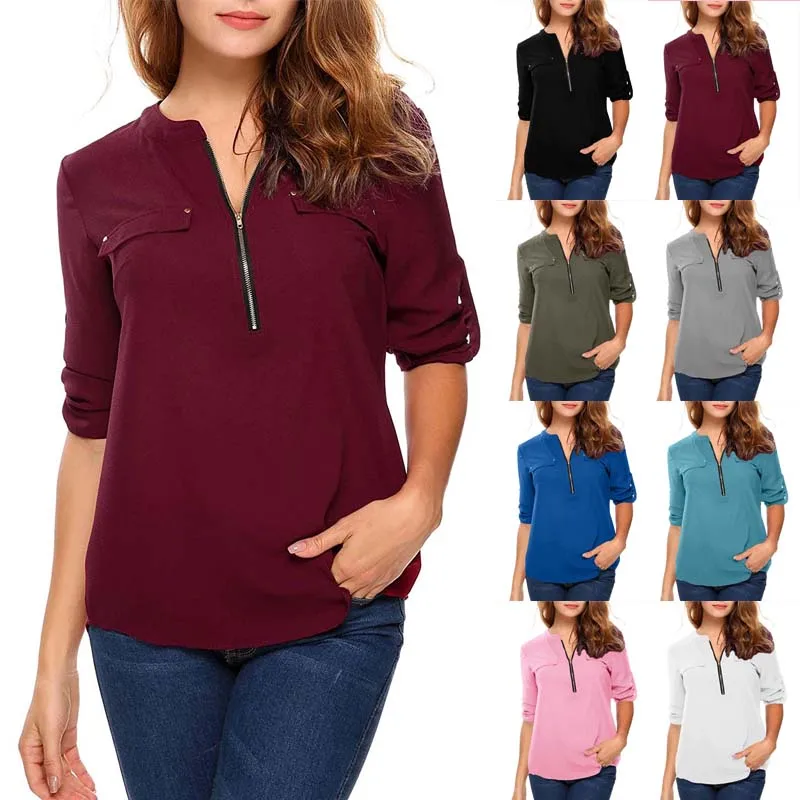 

Vintage Chiffon Blouse Burgundy Plus Size Womens Tops and Blouses Half Sleeve V-Neck Women Clothes 2019