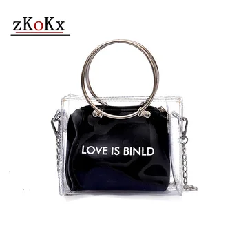 

Fashion Women Bag Set Transparent Shoulder Bag+Clutch For Teenage Girls Fashion Jelly Crossbody Bag Circle Handle Tote Purse