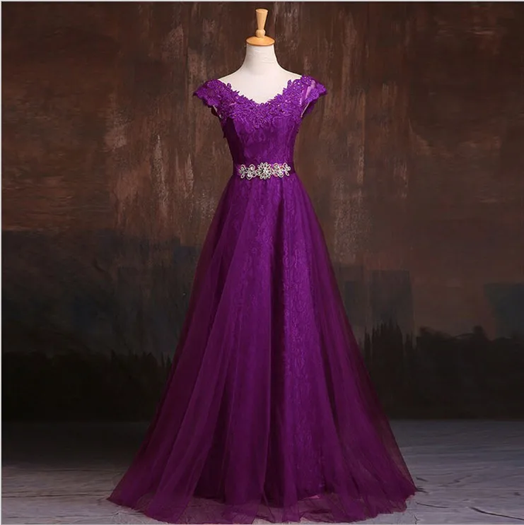 Элегантное красное вино с v-образным вырезом и аппликацией, кружевное вечернее платье с кристаллами, Robe De Soiree Longo Design vestidos de festa TK1210 - Цвет: Purple