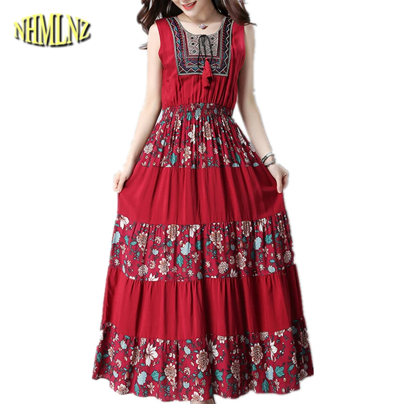

2019 New Summer Dress Women New Vintage Ethnic Style Elegant Fashion Print Dress Sleeveless O-neck Dress Female Vestidos DAN042