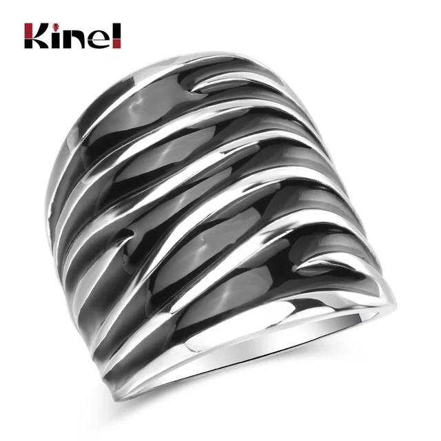 Kinel Unique Punk Rock Black Enamel Big Ring Fashion Wave Pattern Silver Color W Kinel Unique Punk Rock Black Enamel Big Ring Fashion Wave Pattern Silver Color W