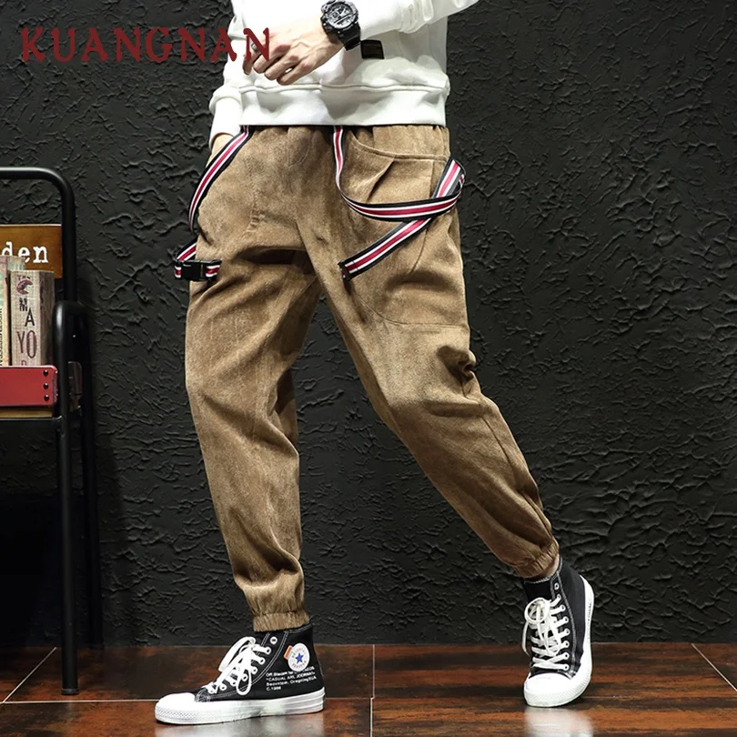 KUANGNAN Corduroy Cargo Pants Men Jogger Japanese Streetwear Joggers ...