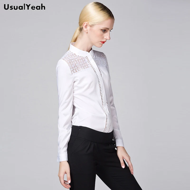 UsualYeah  New Women Fashion OL Body Blouse Shirt Long Sleeve White Lace Workwear blusas femininas S-XXL SY0327 4