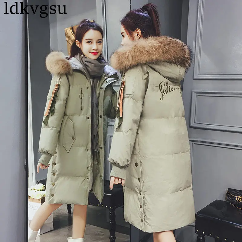 Модная женская пуховая хлопковая одежда зимние парки пальто новое корейское длинное хлопковое пальто большой меховой воротник Толстая куртка A1311 - Цвет: green