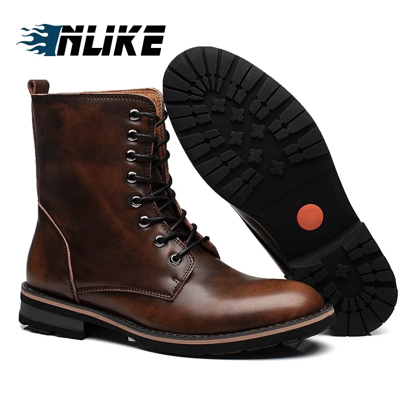 INLIKE/Мужские ботинки в байкерском стиле; натуральные кожаные классные армейские ботинки с заклепками; Мужские ботинки в стиле панк, готика, Байкерская кожаная обувь