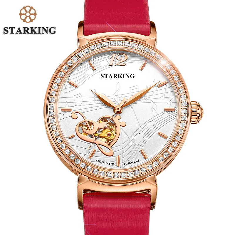 

STARKING Hot Selling Automatic Mechanical Watch Women Rose Gold 2017 Luxury Crystal Diamond Watches Hollow Lady Wristwatches