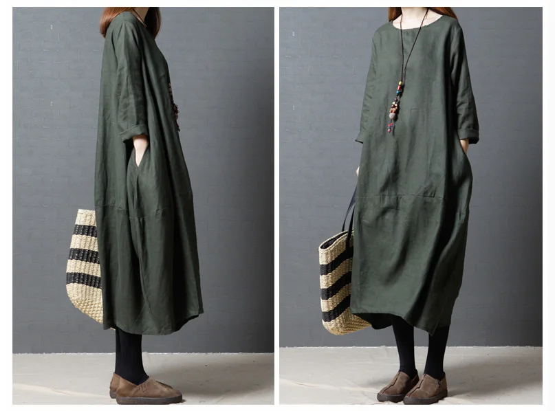 5007 Cotton Linen Dress Fabric Women Autumn Dress 2018 Plus Size Long Sleeve Oversize Casual Black Maternity Linen Dress Maxi Vintage 7